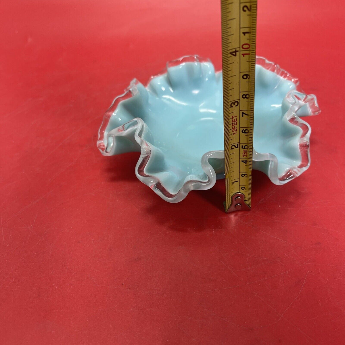 Vintage Glass Turquoise Silver Crest 6" Bowl Ruffled Edge 1950s