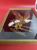 Vtg ART Velvet Bald Eagle Beaded Sequin Embroidered Applique framed under plexi.