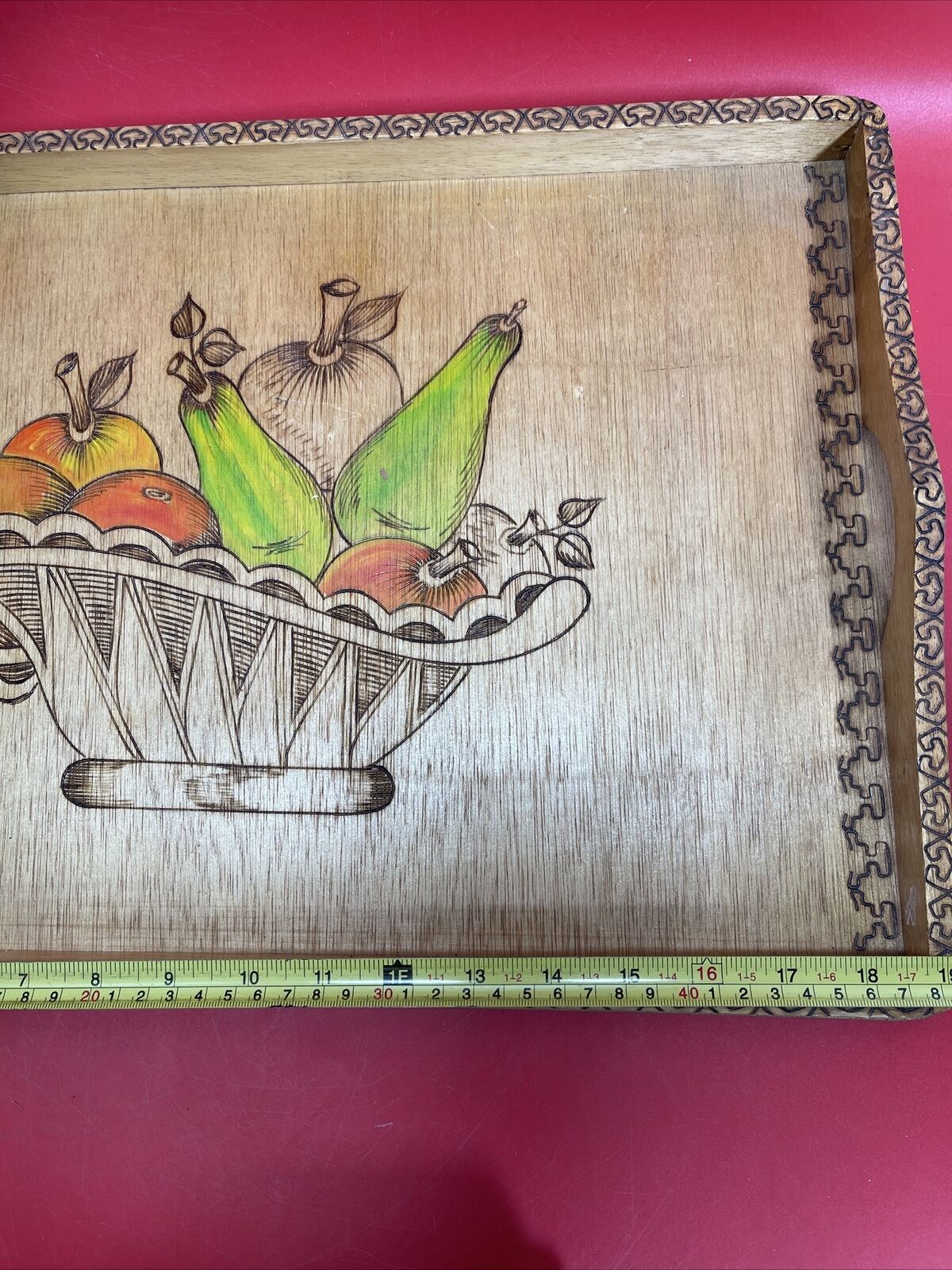 Vintage carved wooden tray with tropical island fruits and border Lot 4