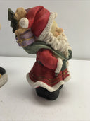 12", 8” Resin Jolly Santa Claus Figurine Holding Teddy Bear With Toys 2Set