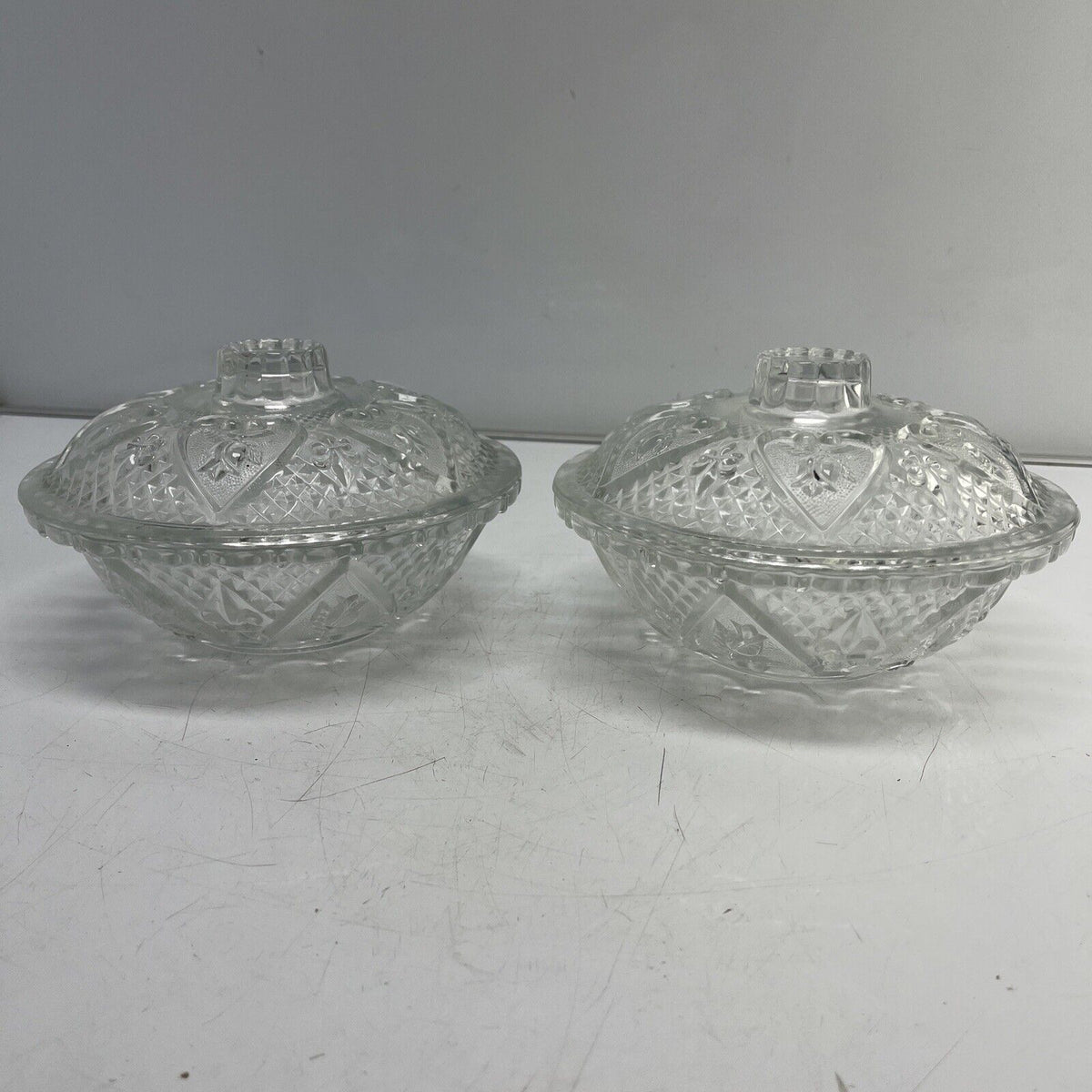 Vintage 1970s KIG Indonesia  LA FLEUR HEART Embossed Glass Candy Dish /set 2