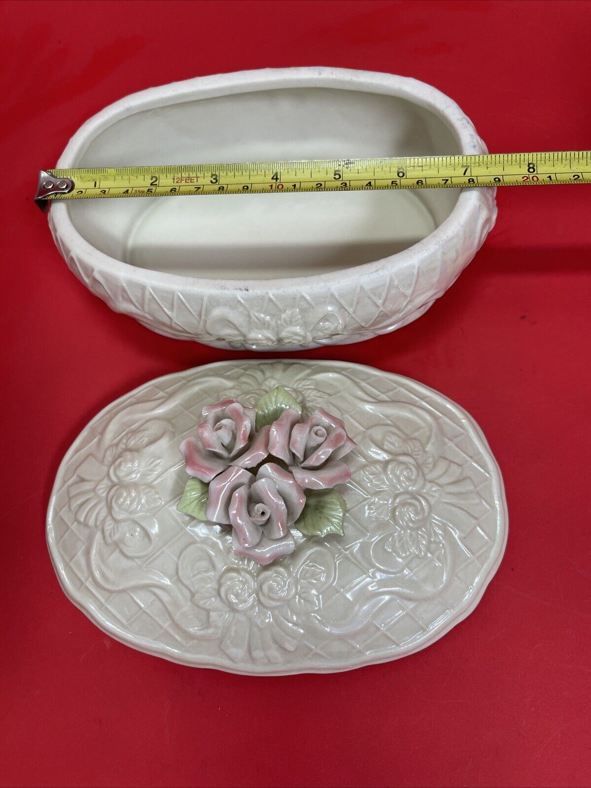 Porcelain Embossed Trinket Box Lidded Roses