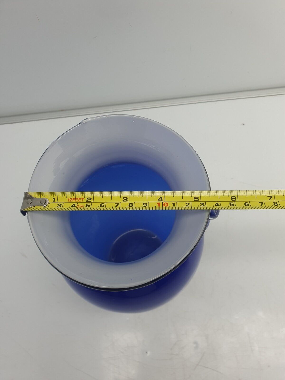 Gorgeous Blue Glass Vase Applied Clear Scroll Handles 10.5"