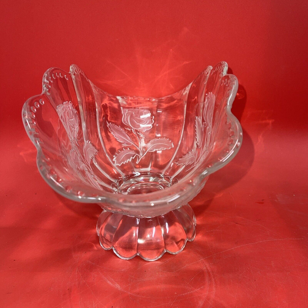 Vtg Imperlux Hand Cut Crystal Footed Centerpiece Bowl Emrossed Frosted Roses