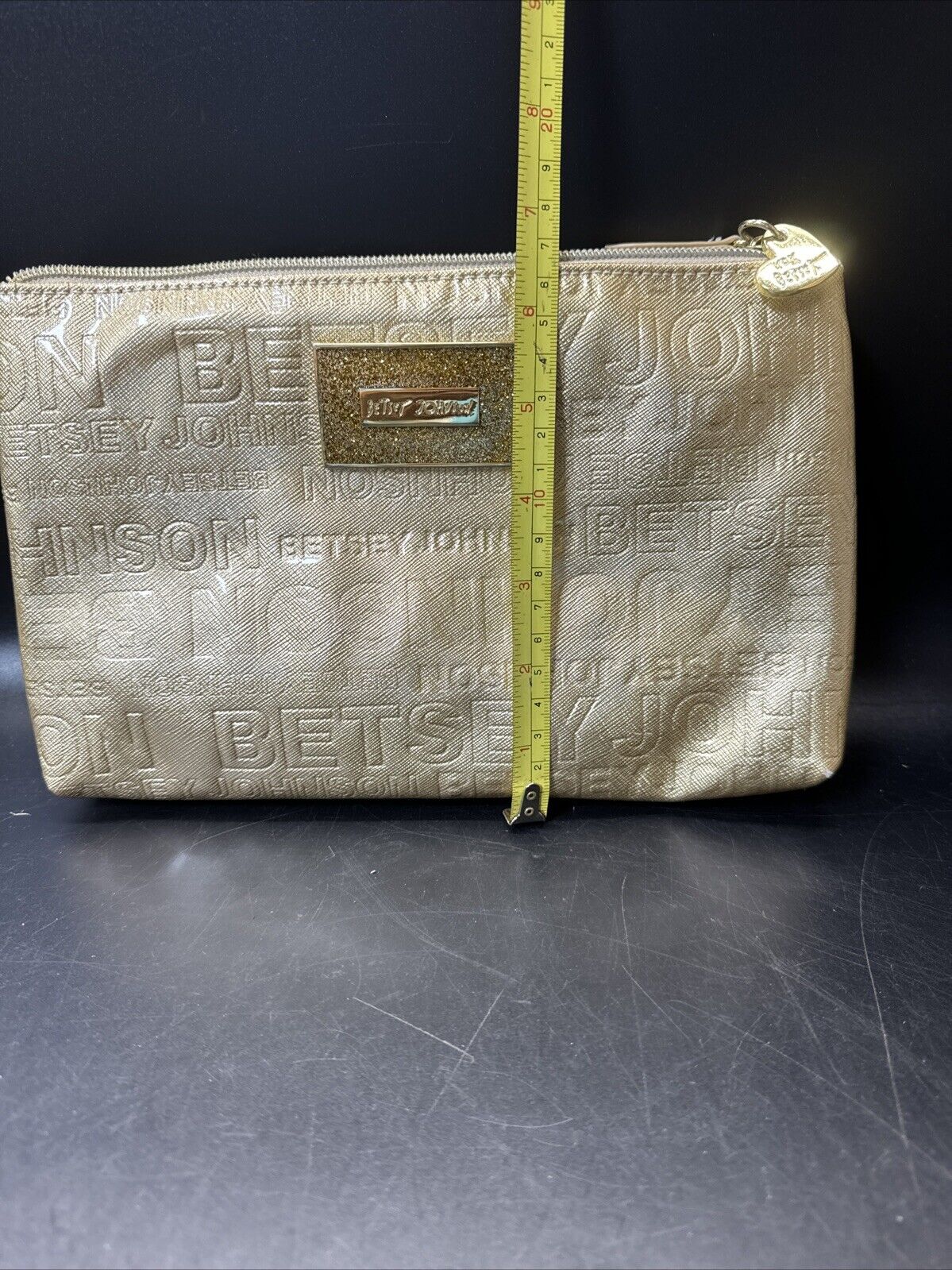 BETSEY JOHNSON Logo Embossed Gold Faux Leather Crossbody Detachable Strap Bag