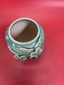 Vintage Handcrafted Ceramic 3 D Vase Aqua/Turquoise And Black W/ Raised Flowers