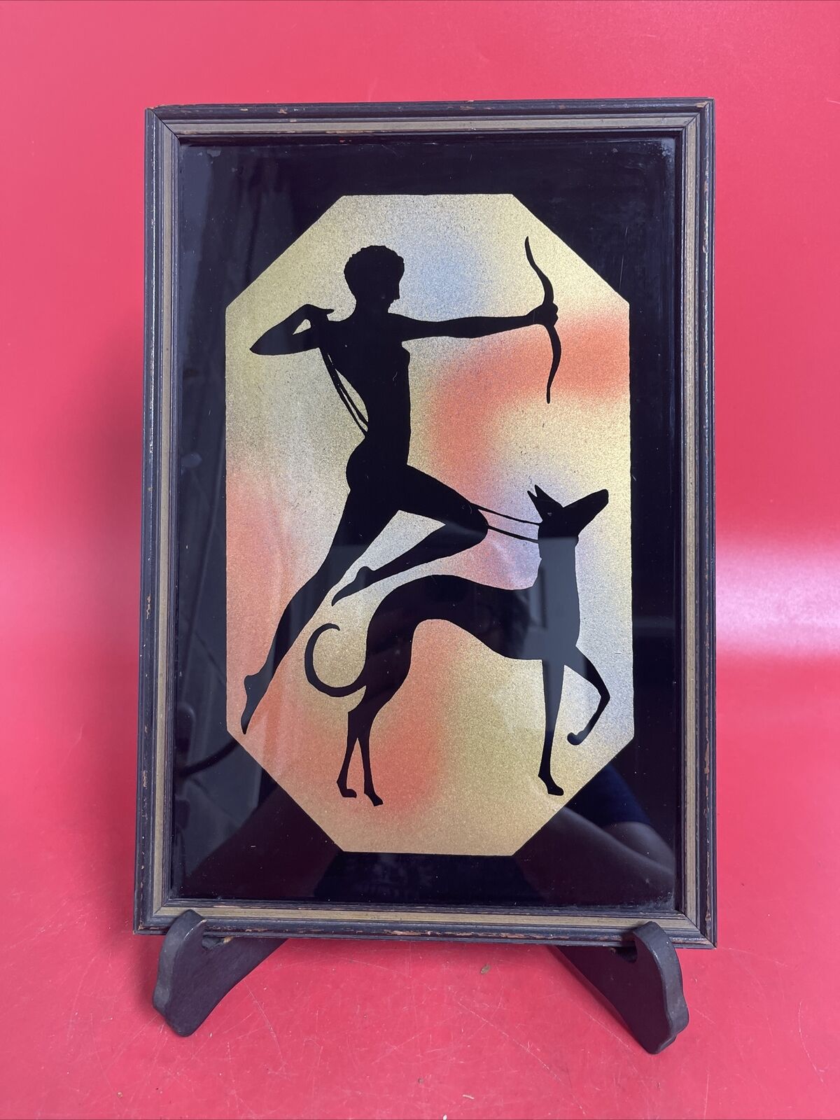 Antique Art Deco Silhouette Diana Huntress Archer Greyhound Framed Reverse Paint