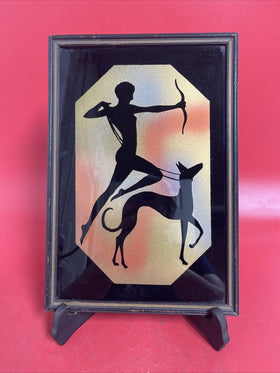 Antique Art Deco Silhouette Diana Huntress Archer Greyhound Framed Reverse Paint