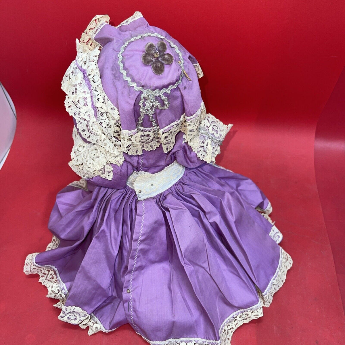 Vintage Fabric Cloth Small 12" Doll Toy Hand Painted Lace Dress Purple