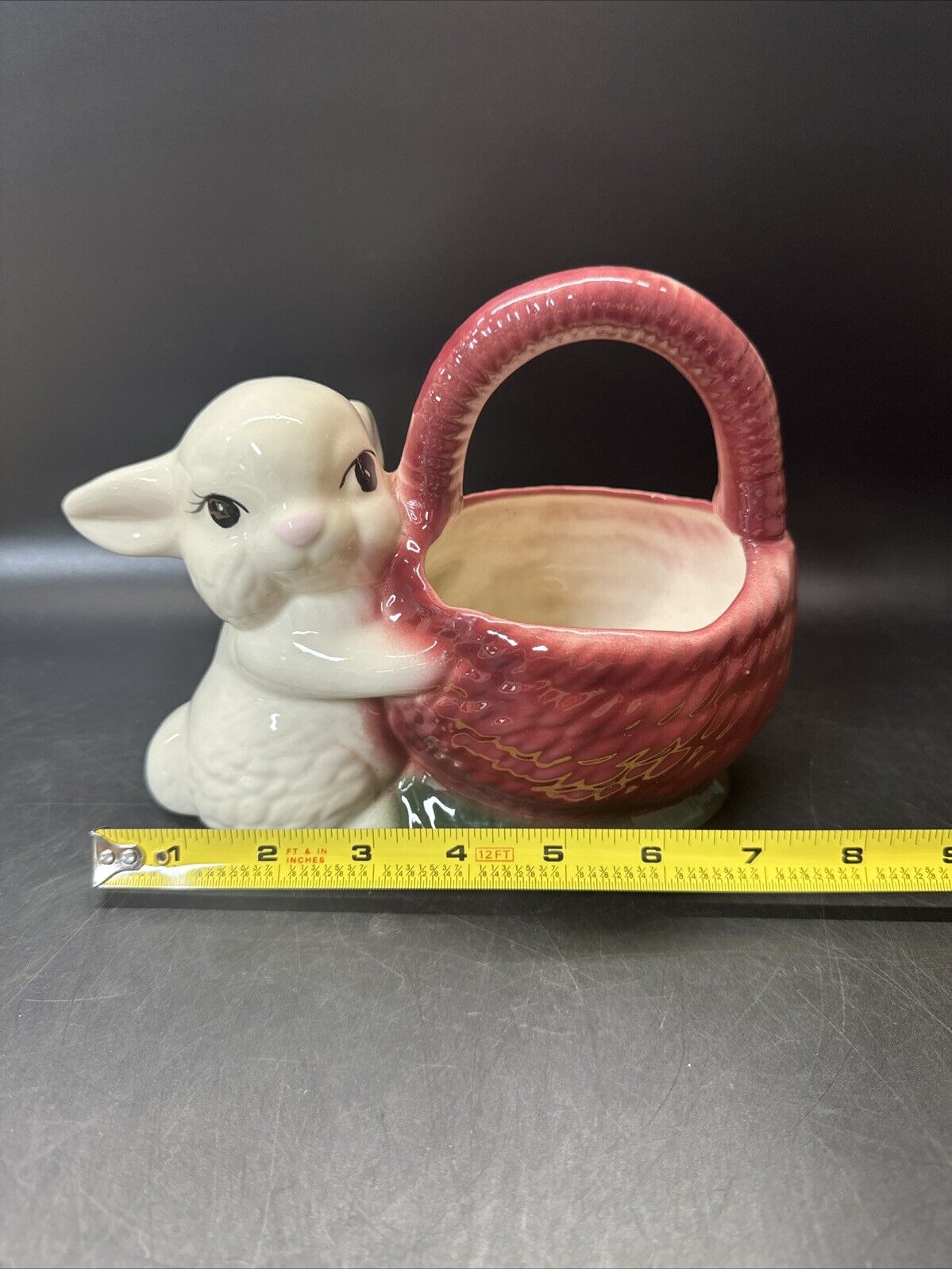 Vintage Bunny Figurine With Basket Planter