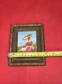 Small framed painting signed by the artist, oil on canvas "Girl picking flowers”