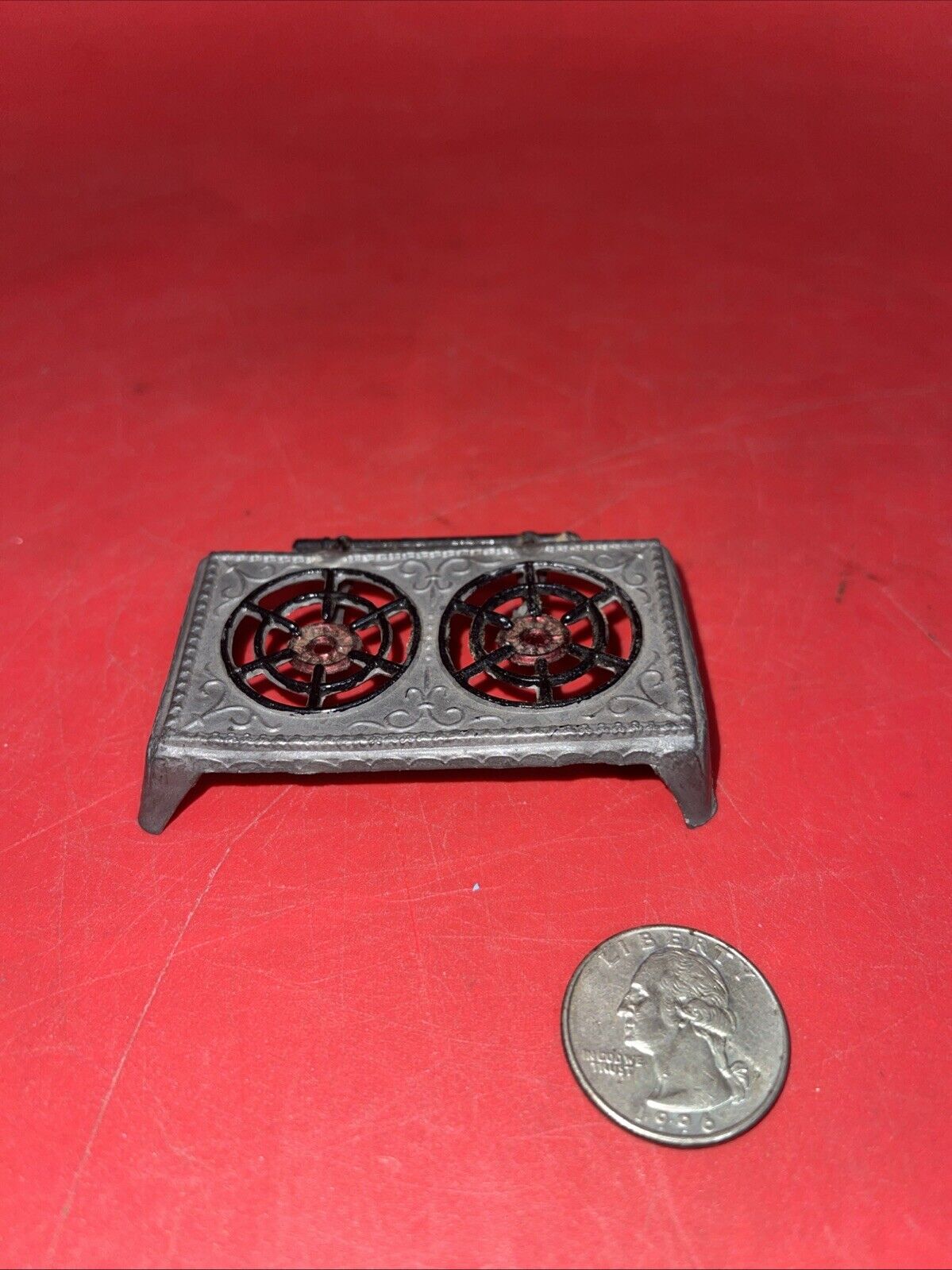 Antique German Dollhouse Metal Tabletop Gas Stove Miniature 1.5x2.5” Kitchen