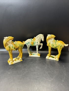 Vintage Drip Style Glaze Ceramic War Horse Figurines/lot 3