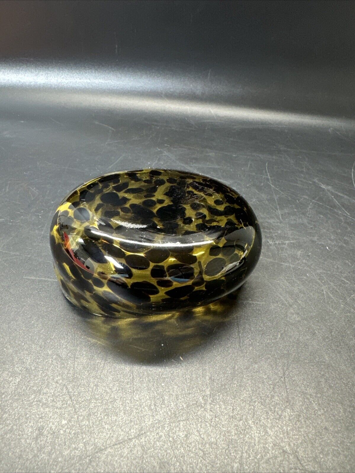Vintage Hand Blown Amber Tortoise Shell Art Glass Bowl Oval With Folded Edge