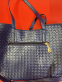 Minmin Blue Woven Large Tote Handbag Brass Gold Hardware - Excellent - 9.5”x15”