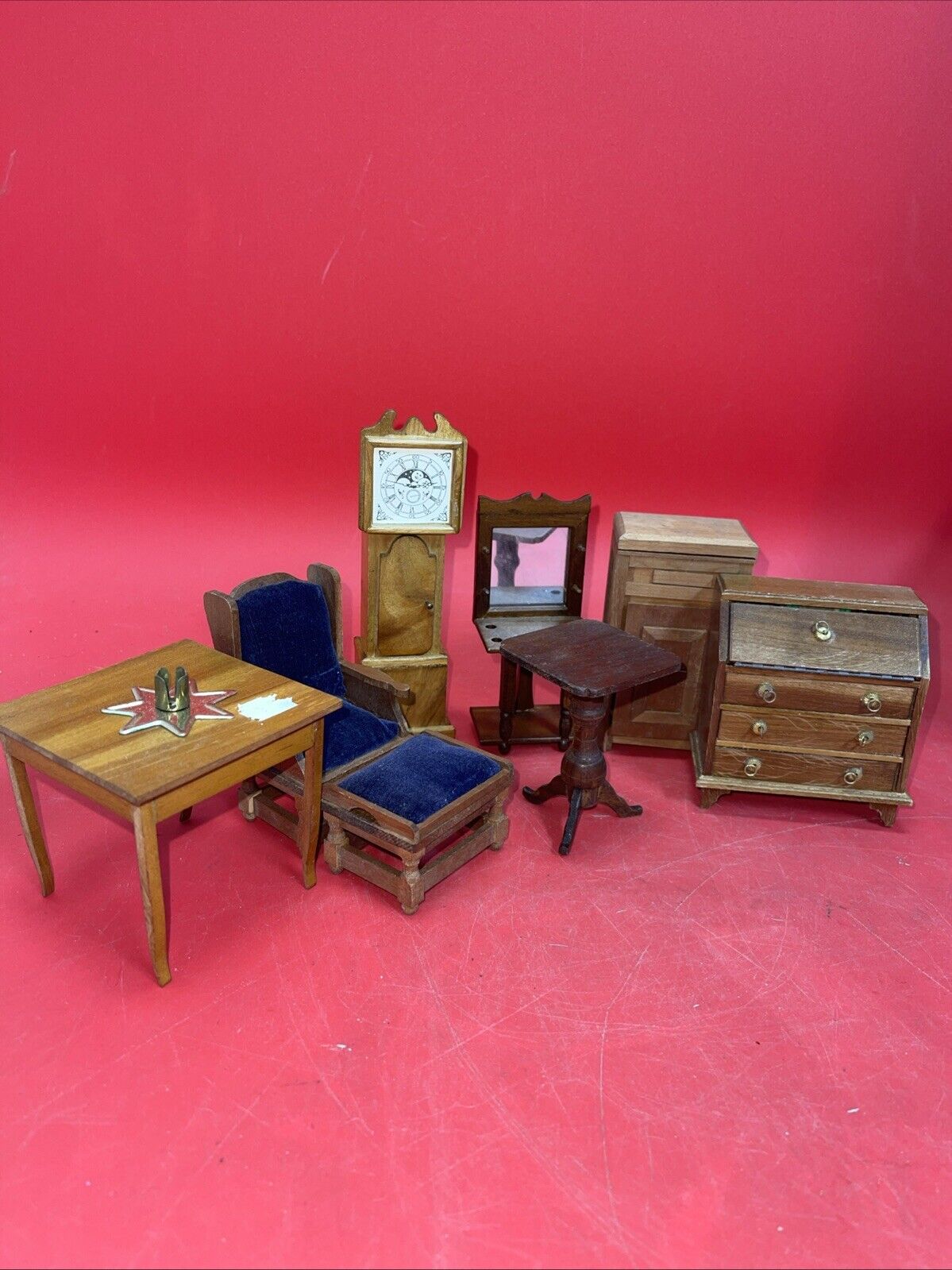 Vintage Miniature Brown Wooden dollhouse kitchen bedroom nursery furniture  lot