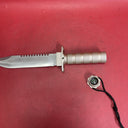 Knife with compartment in handle 8 1/2" blade and Saw type blade on the spine