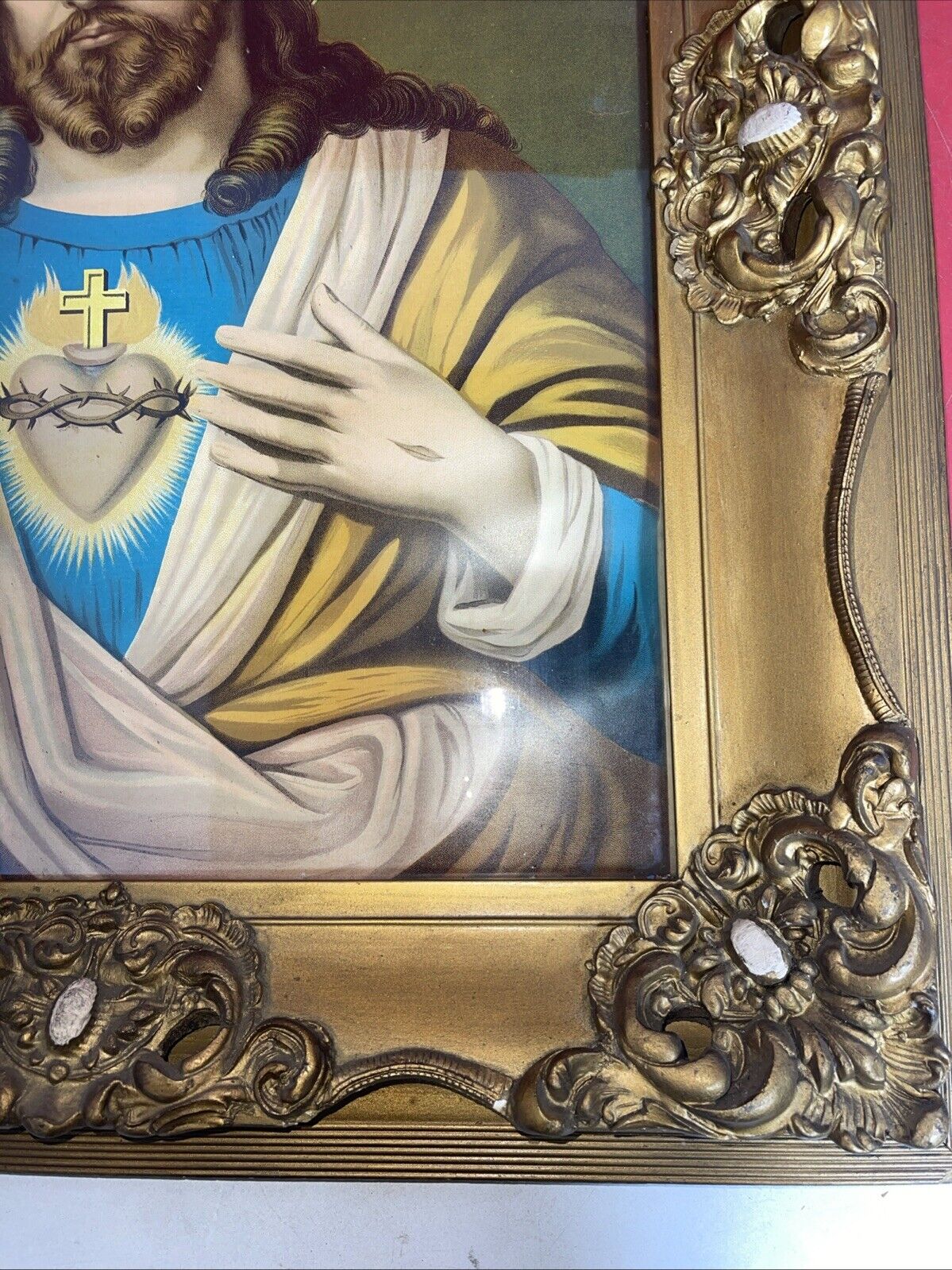 GLORIOUS ANTIQUE NUNS CONVENT FRAMED SACRED HEART JESUS 27" x 23”