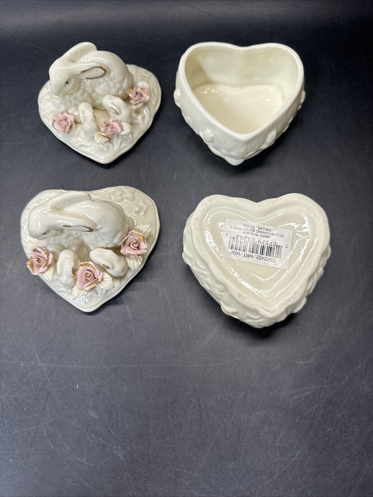 Heart Shape Trinket Box With Bunnies and Flowers/ Lot Of 2