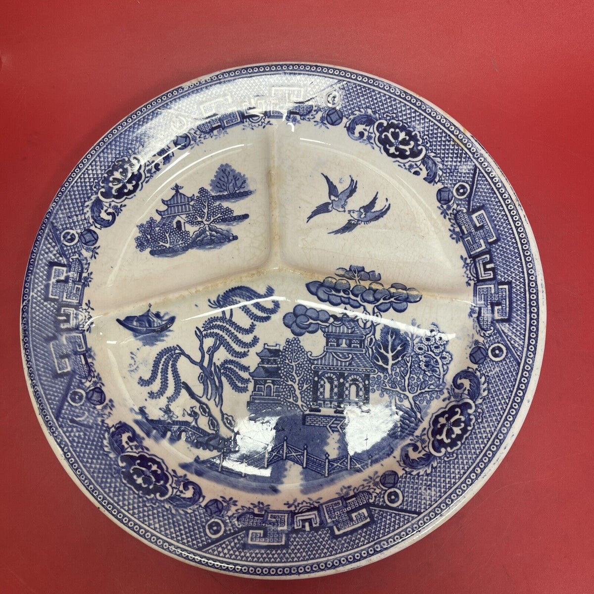 Antique 1890s Petrus Regout Maastricht Blue White Willow Divided Plate 11 1/4"