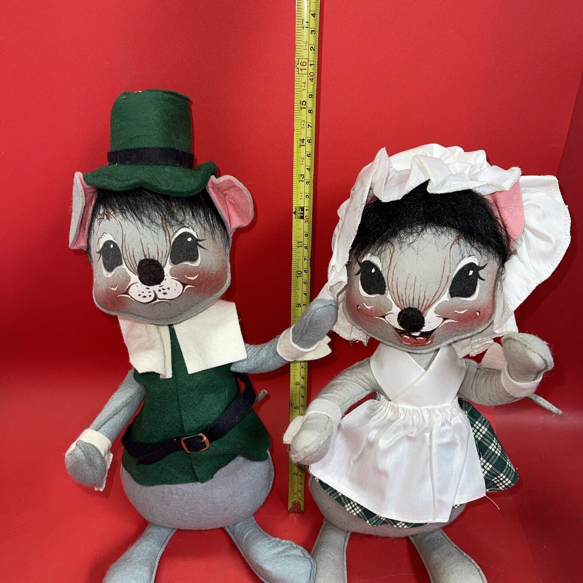 Vintage 1991 Annalee Mobilitee Dolls Pair Of Thanksgiving Pilgrim Mouse 16” &14”