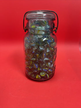 Vintage  Glass Ball Ideal  Jar Filled With Marbles.  Jar Is 7” Tall.#1