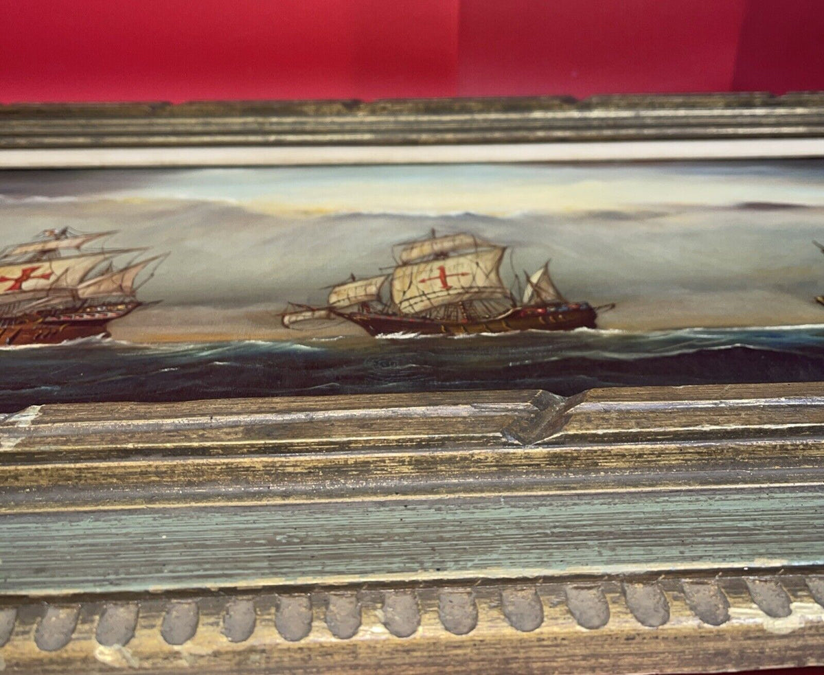 Vintage oil painting seascape ships signed by Lubar size 16”x31”