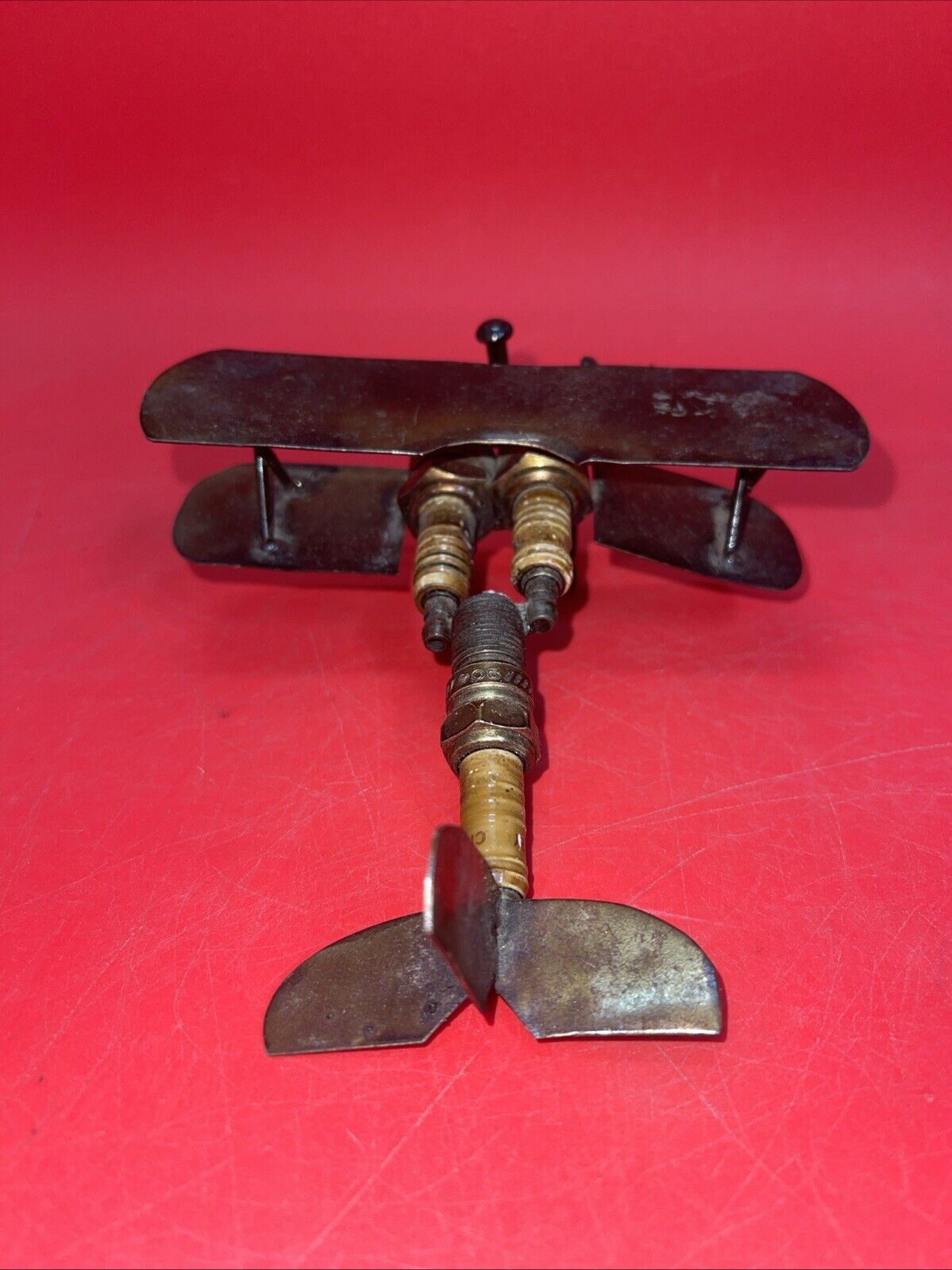 VTG 3 Spark Plug Biplane Metal Folk Art Airplane 