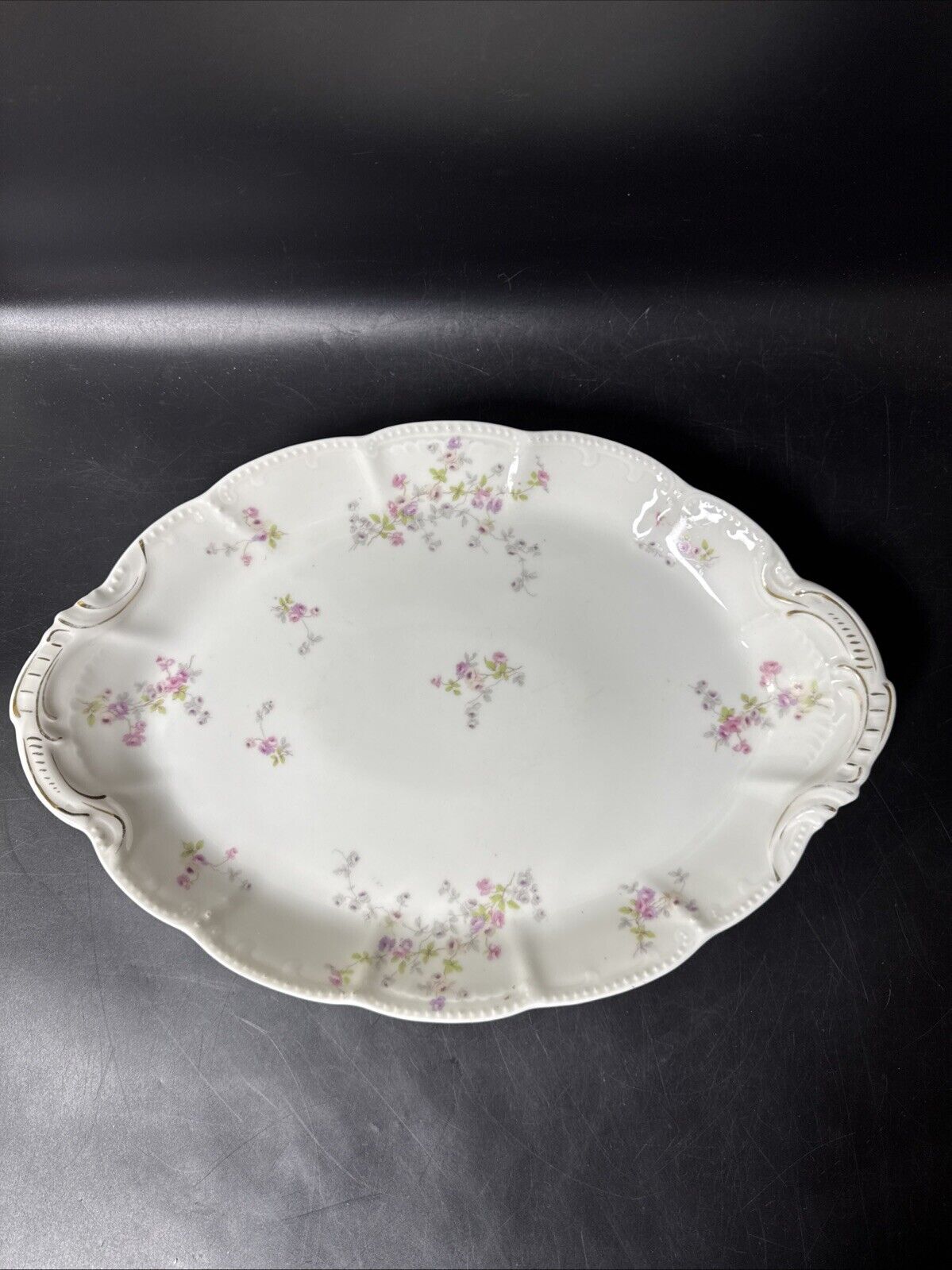 Bassett Limoges Serving Platter Oval White Pink Roses 16”/ Austria