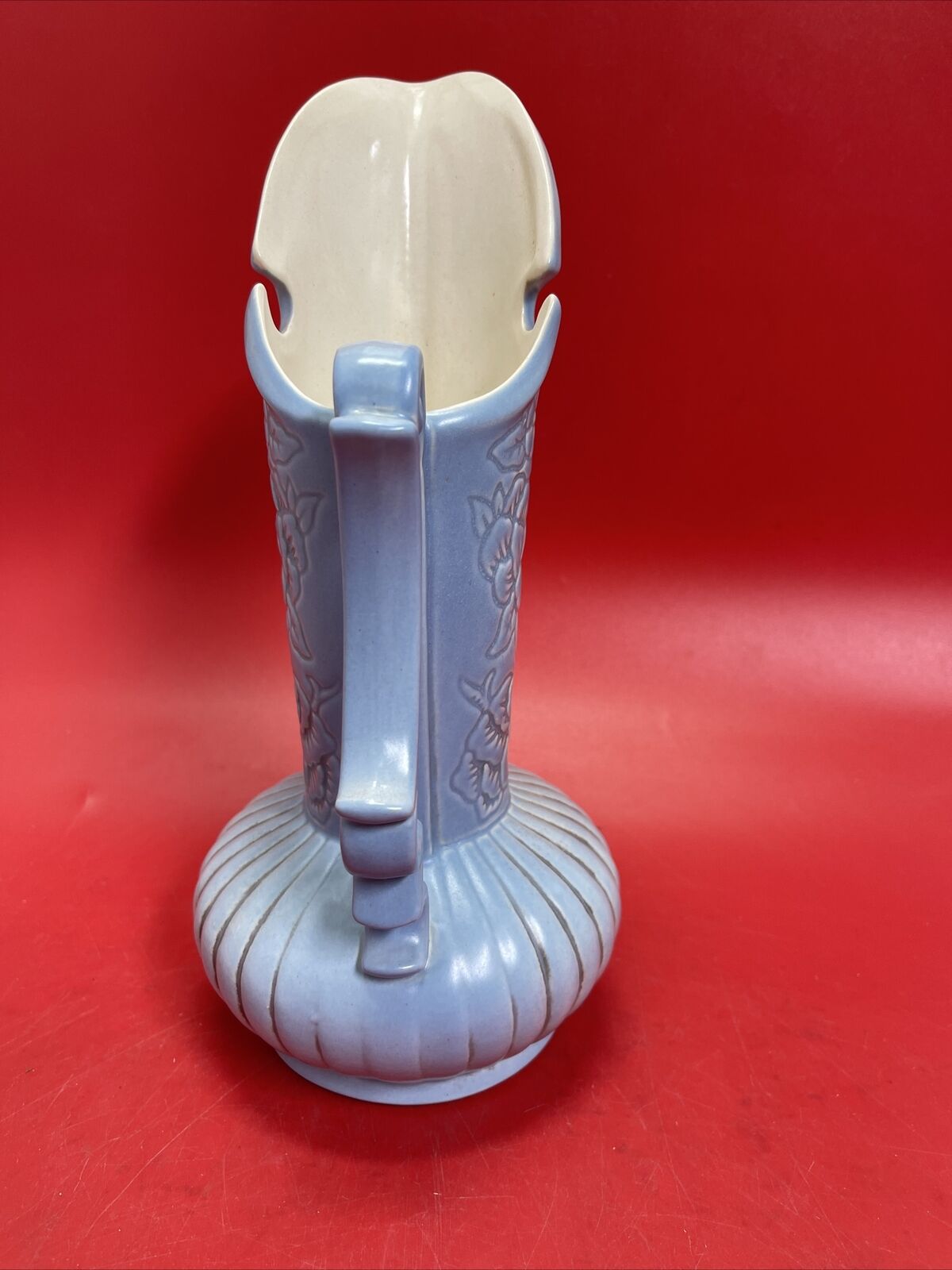 Vintage Red Wing Art Pottery 1943 Antique Blue Floral Pitcher 12"