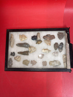 Native American Artifacts Lot 24 w/ Frame Arrowheads Collection 12”x8” Frame #4