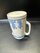 WEDGWOOD Embossed Queen’s Ware BLUE ON CREAM SMALL TROJAN JUG 5.5”