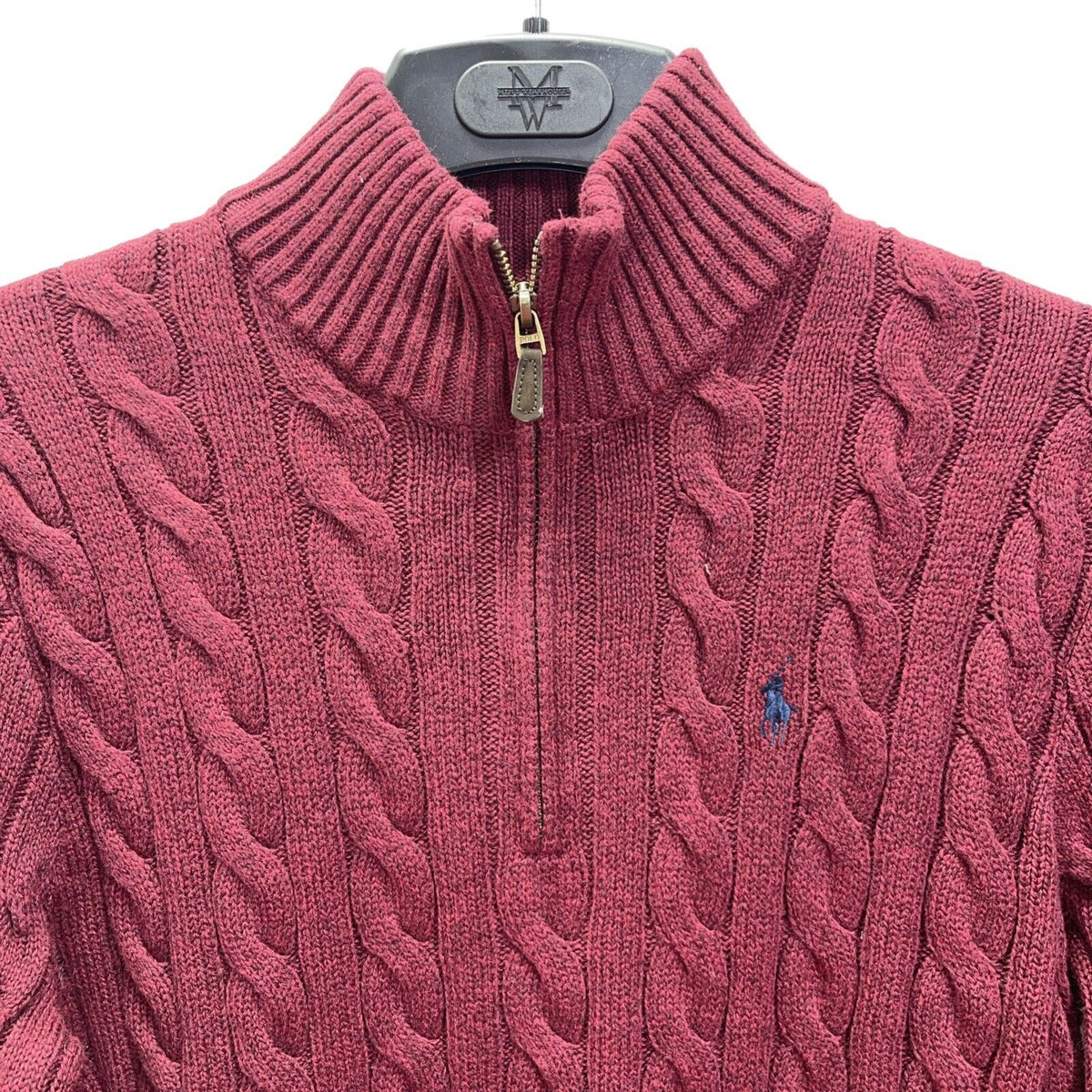 Polo Ralph Lauren Sweater Mens M  Maroon Cable Knit Cotton Quarter Zip Pullover