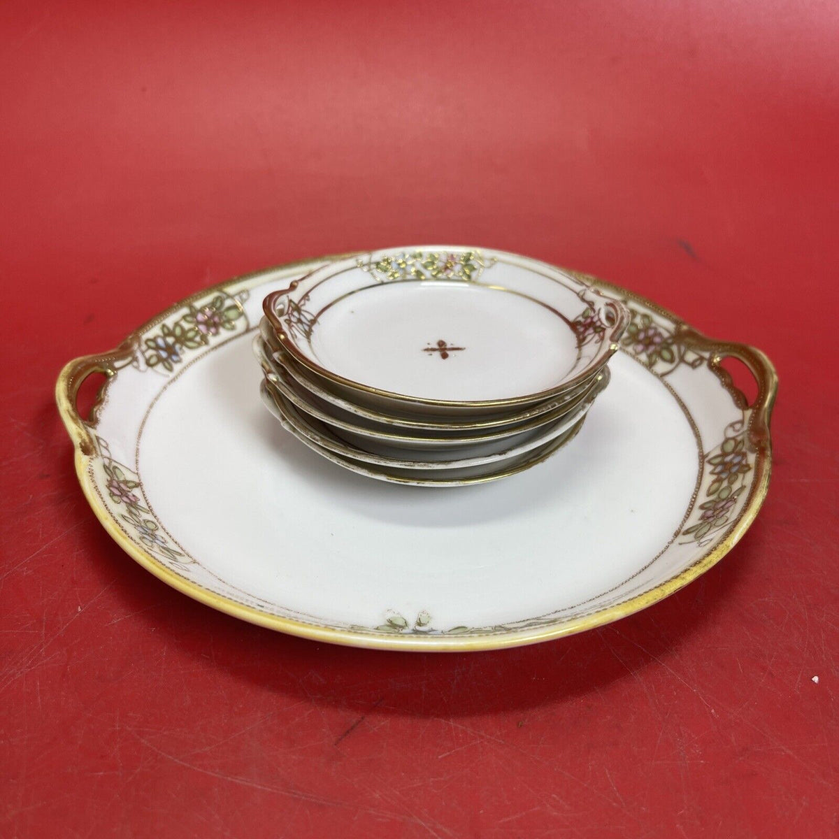 Vintage Nippon hand painted gold floral candy dish Set 6
