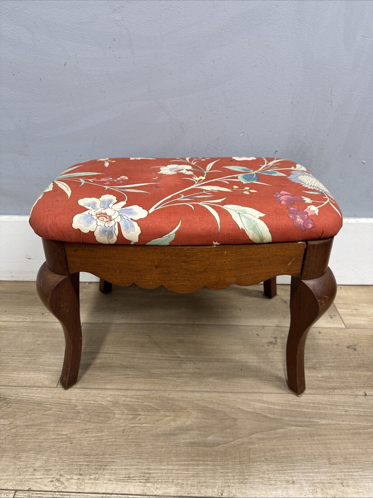 Vintage Needlepoint Footstool Floral Upholstery with Queen Legs