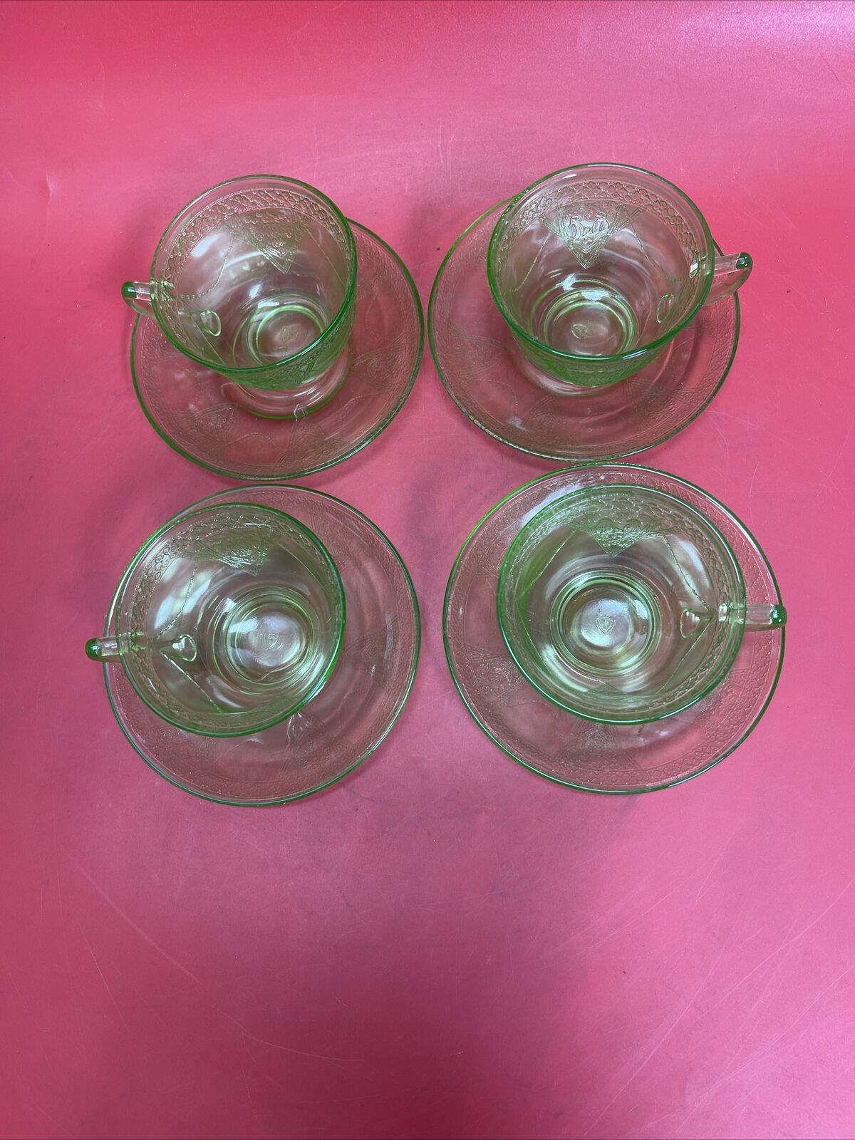 Anchor Hocking Depression Glass Cameo Ballerina Green Uranium Tea Cup & Saucer