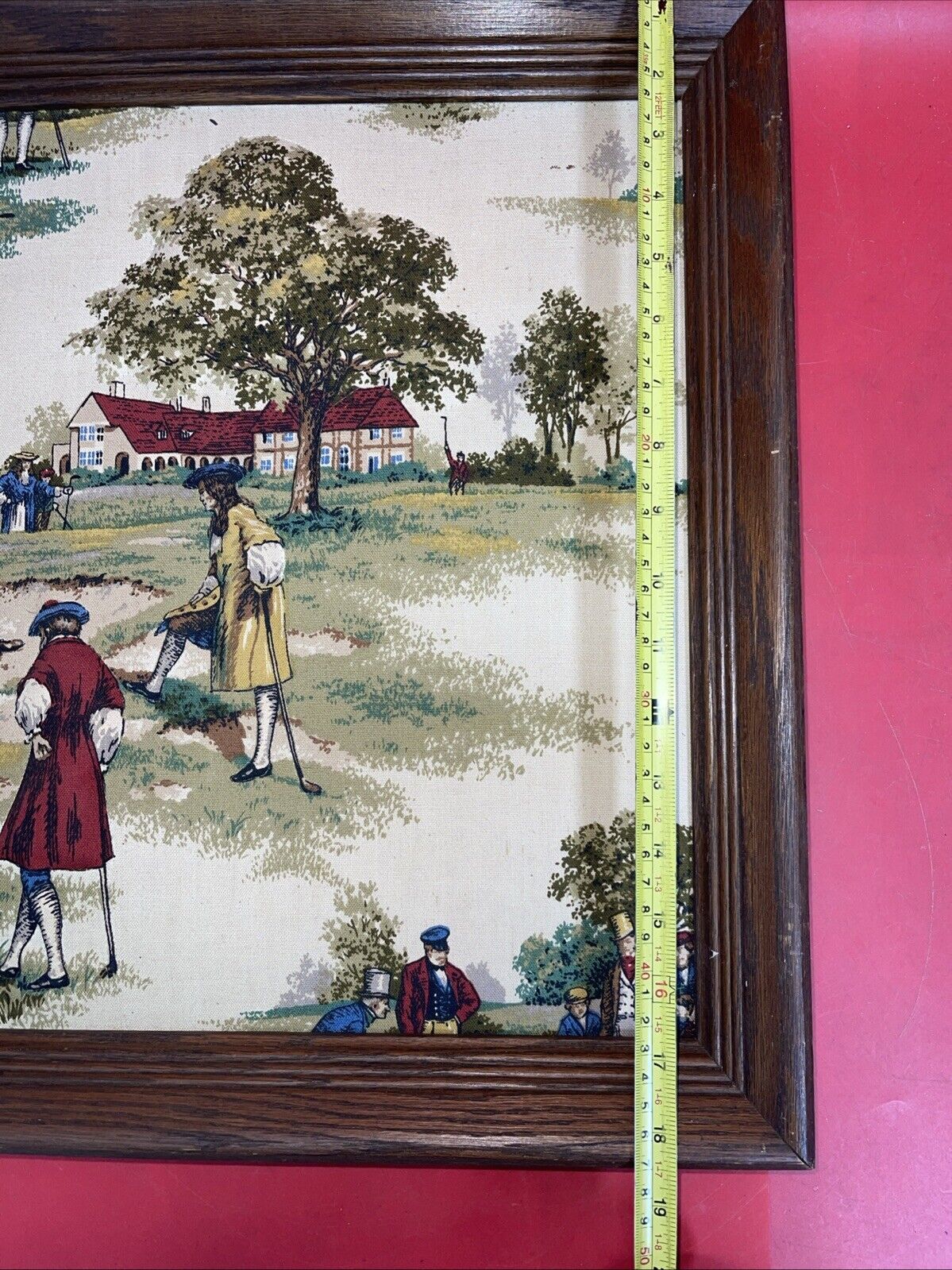 Framed sample of antique house and home textile, Golf in the Colonial Era