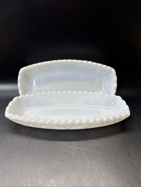 Vintage White Milk Glass 9 1/2" Relish Candy Butter dish/ Lot Of 2