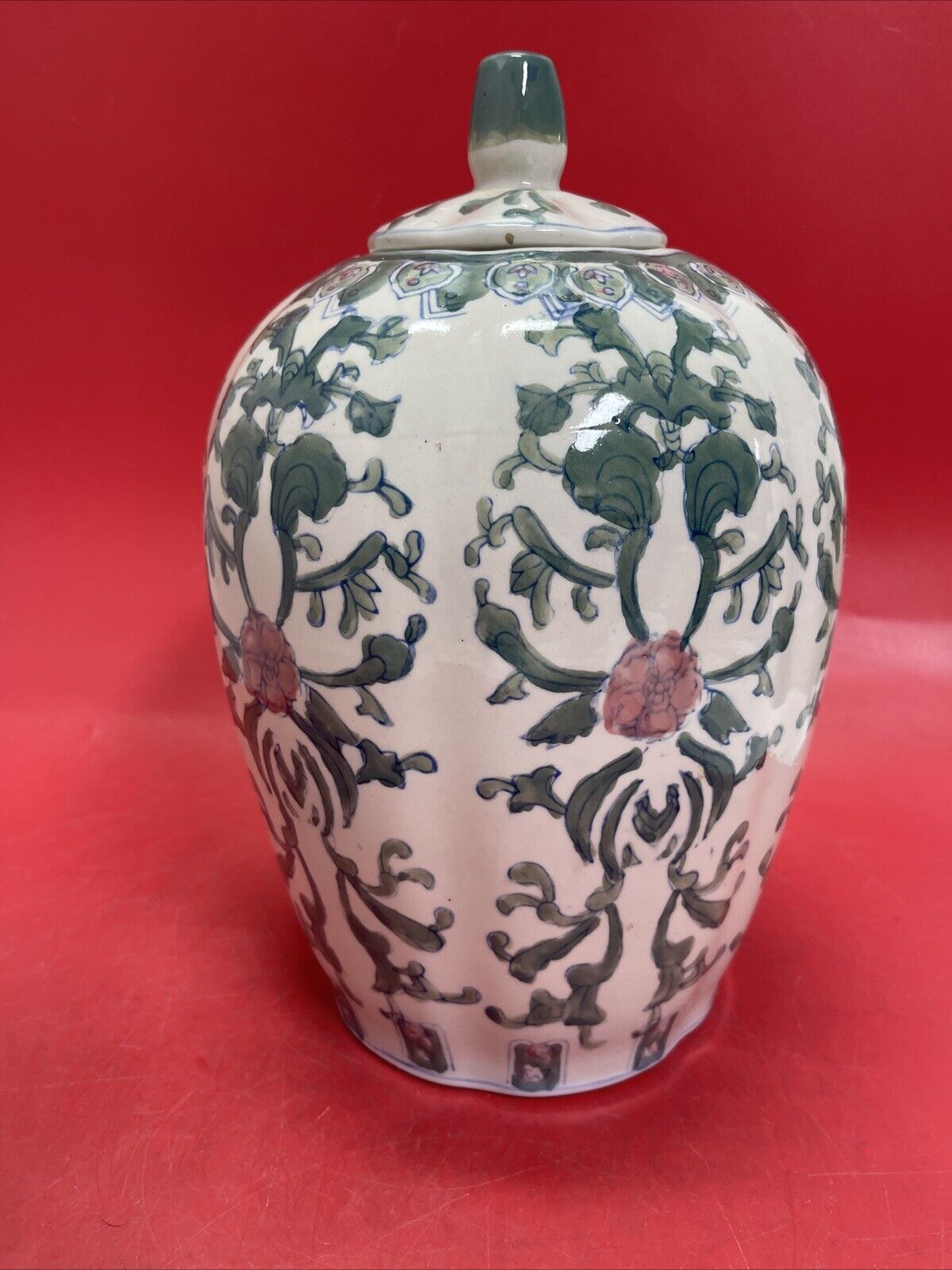 Vintage Chinese Pink Lotus Vase, Ginger Jar with Lid Urn