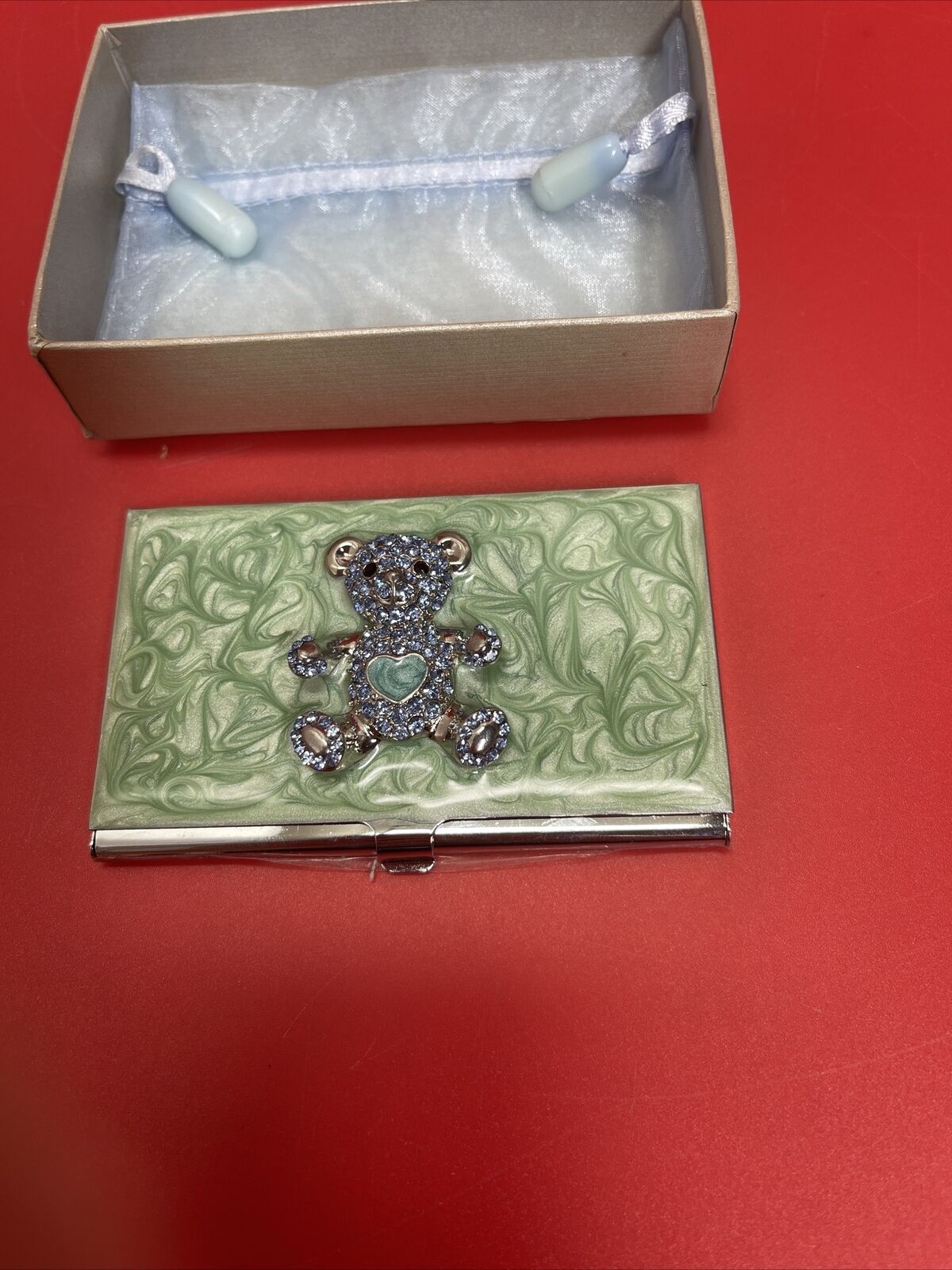 VINTAGE TEDDY BEAR ENAMEL BUSINESS CARD HOLDER