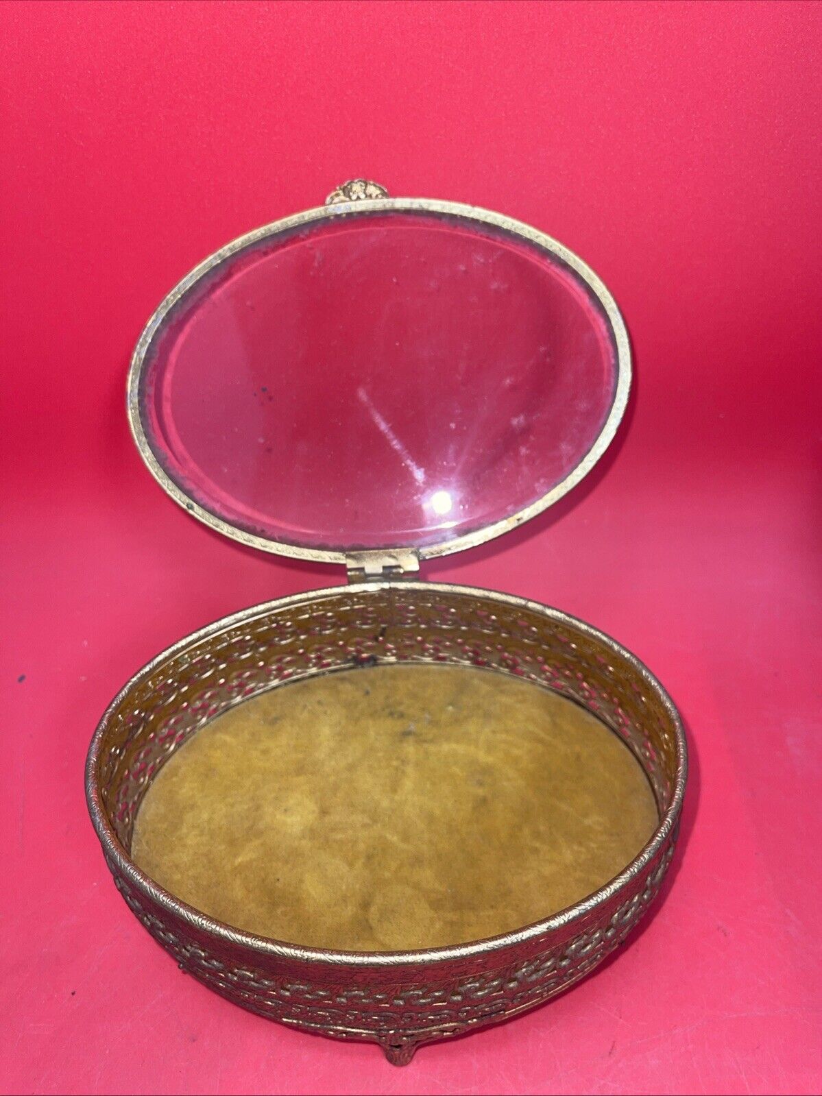 Vintage Gold Ormolu Oval Jewelry Casket Box Gold Velvet Beveled Glass Top 7”