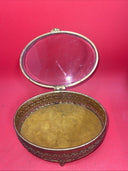 Vintage Gold Ormolu Oval Jewelry Casket Box Gold Velvet Beveled Glass Top 7”
