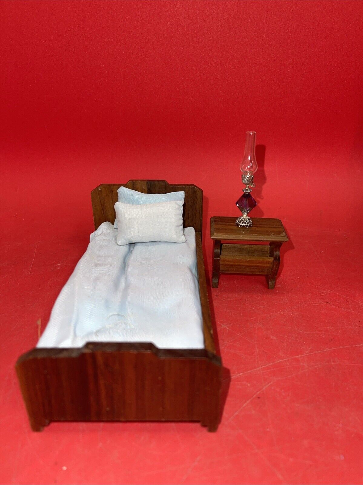 Vintage Strombecker Dollhouse Miniature Walnut Twin Bed & Bedside table