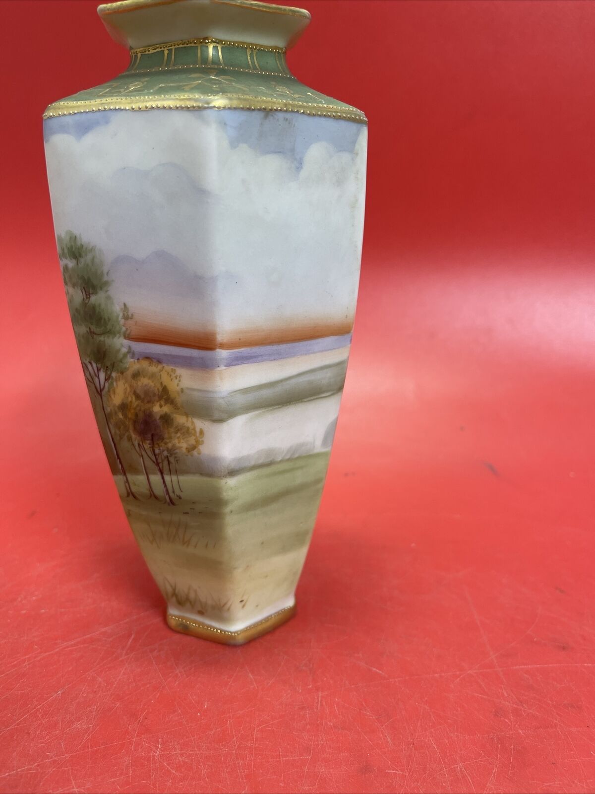 Antique Nippon Morimura Hexagonal Landscape Vase 7.75"
