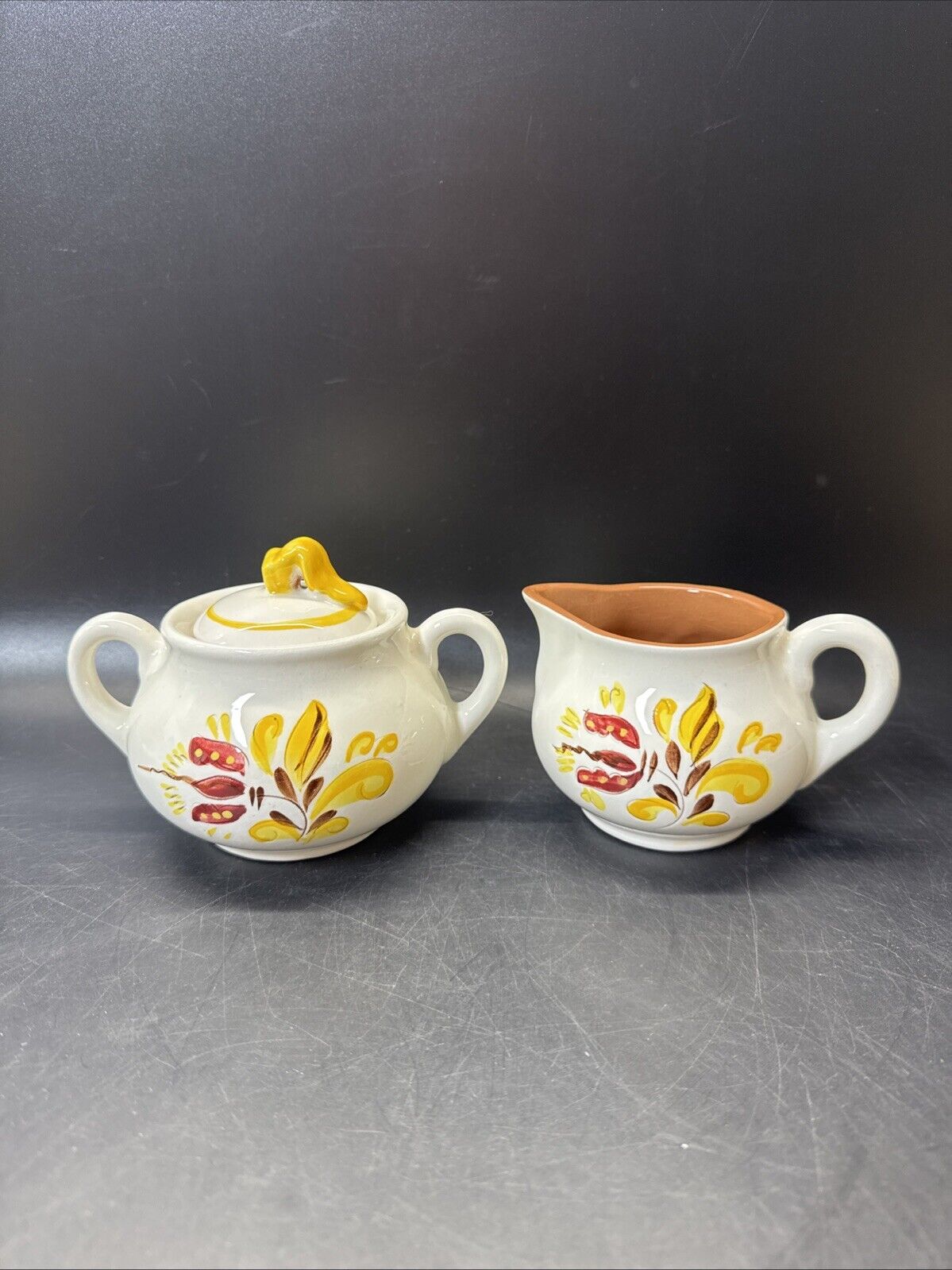 Stangl Pottery Mid Century Autumn Flower Creamer and Covered Sugar Bowl