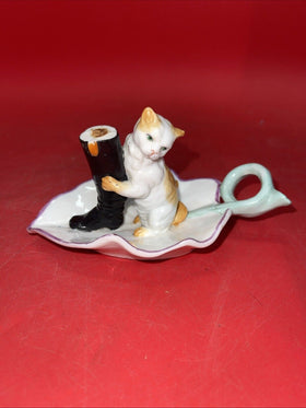 Vintage Ceramic Oval Ashtray Kitten Holding Boot