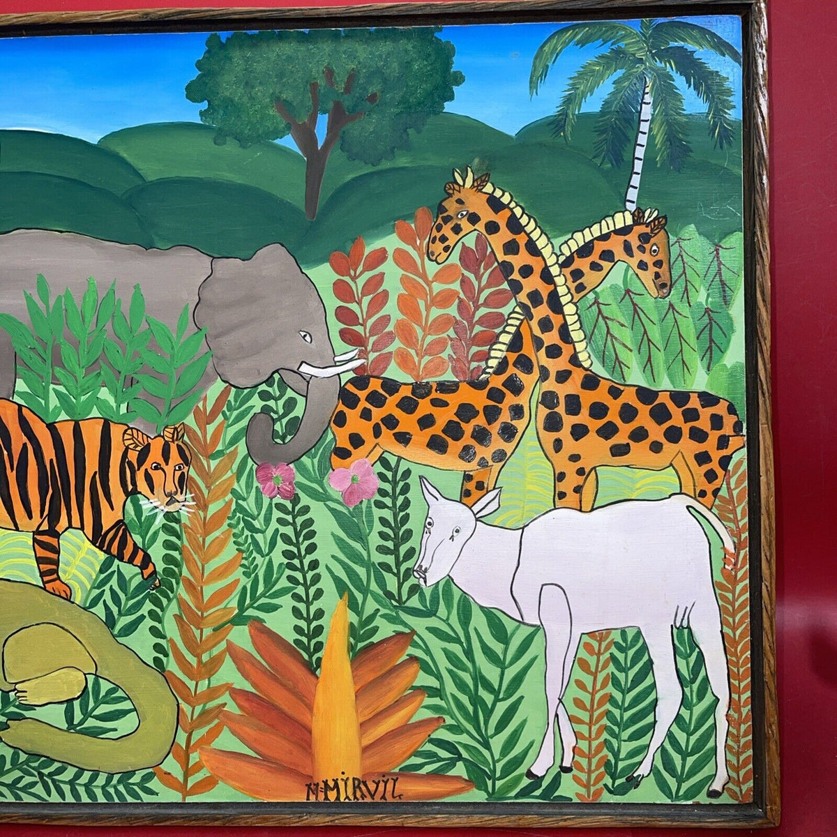 Haitian Jungle Art ,Artist M=Mirvil  Brilliant Colors Signed Framed 16Hx20w