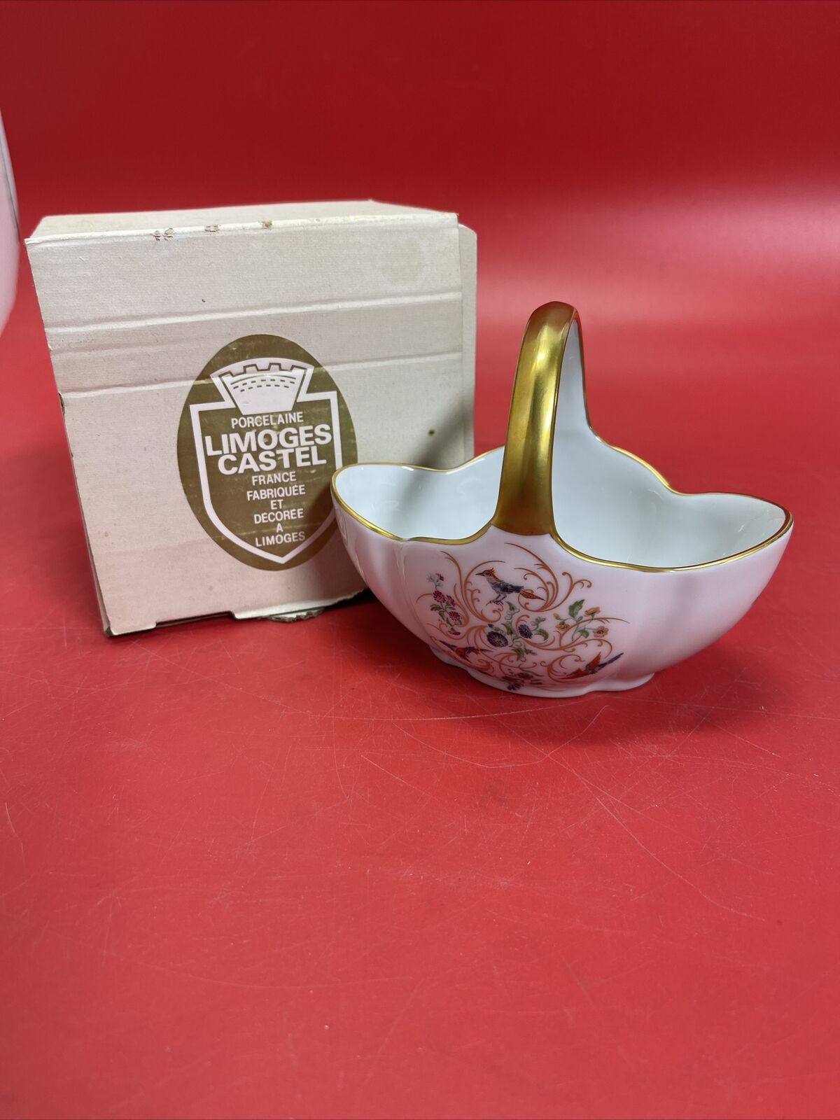 Vintage Limoges Castel France Porcelain Handled Basket Floral Birds Gilt 