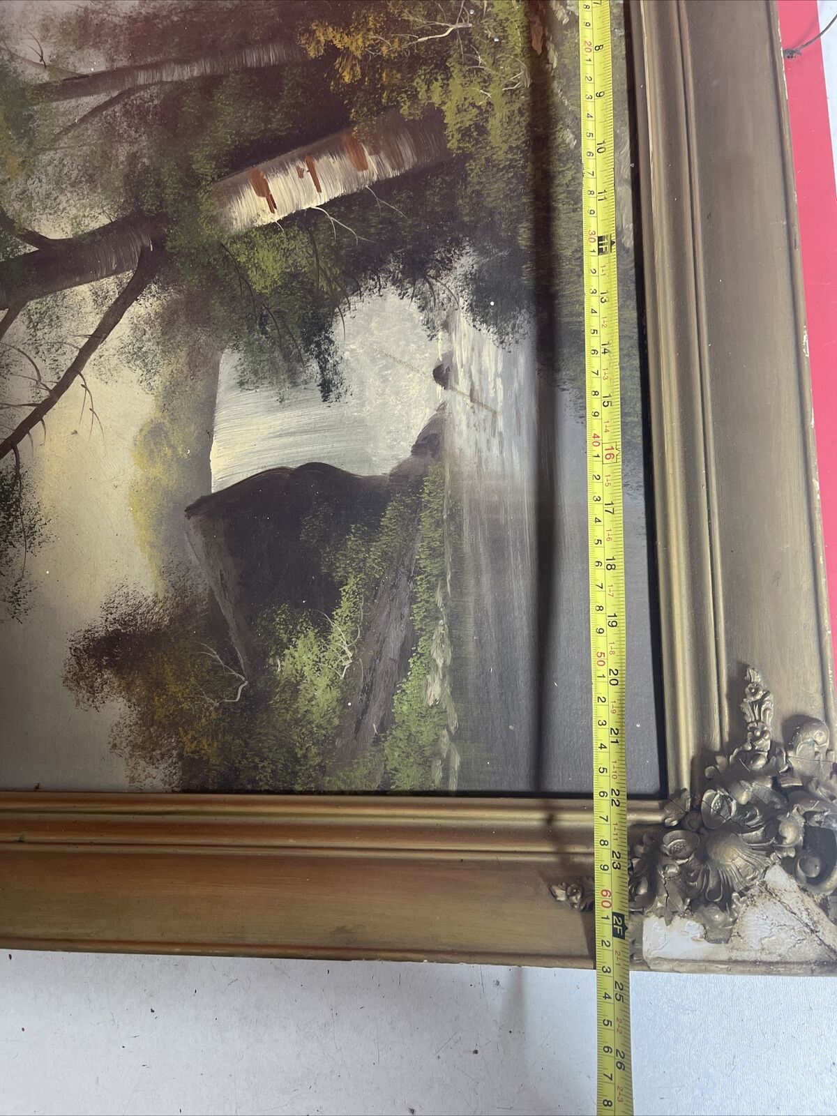 Antique Oil Painting on Cardboard Forest Landscape