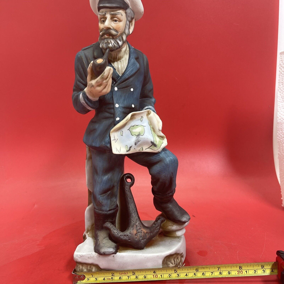 Vintage Bisque Porcelain Sea Captain with Map and Pipe Figurine - 14" Tall